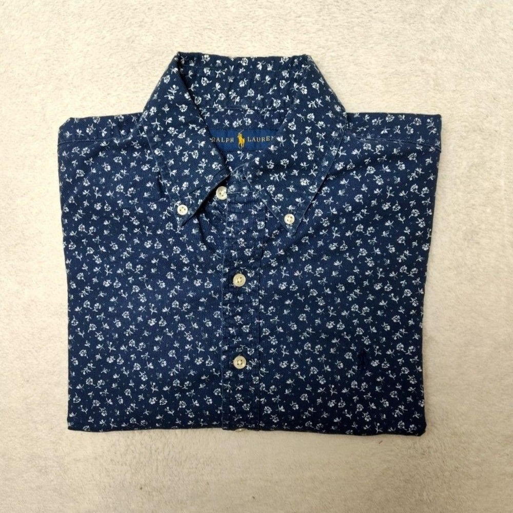 Ralph Lauren Shirt Mens S Blue Chambray Floral Button-Up Short Sleeve Pony